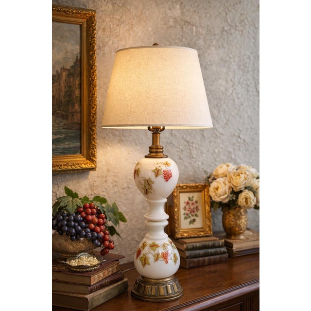 Hollywood Regency Vintage 1970s Milk Glass Table Lamp With Grape Motif and Brass Base For Sale - Image 3 of 12