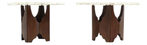 Mid-Century Modern Walnut Base Square Marble Top End Side Tables- a Pair