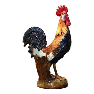 19th Century French Painted Faience Rooster With Vase Attributed to Comolera For Sale