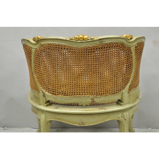 Vintage French Louis XV Style Green Painted Gold Gilt Cane Bergere Arm Chair For Sale - Image 15 of 17