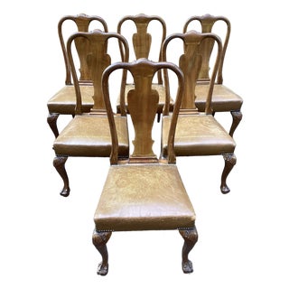 Set of 6 Vintage Queen Anne Style Dining Chairs in Distressed Leather For Sale