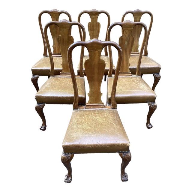 Set of 6 Vintage Queen Anne Style Dining Chairs in Distressed Leather For Sale