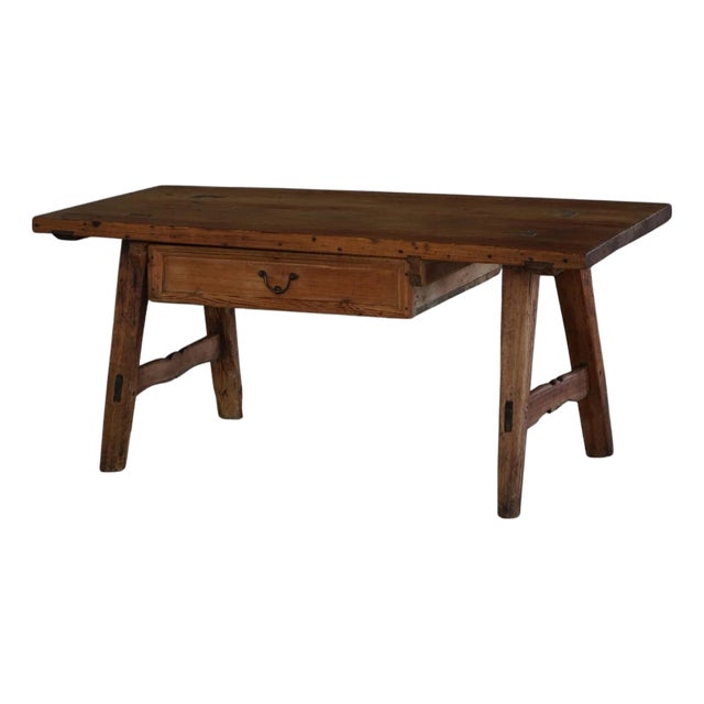 French Primitive Pine Dining Table or Desk with Drawer, 18th Century For Sale