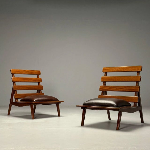 Mid-Century Modern Brazilian Mid-Century Modern, Sculptural Lounge Chairs, Mahogany, Leather For Sale - Image 3 of 10