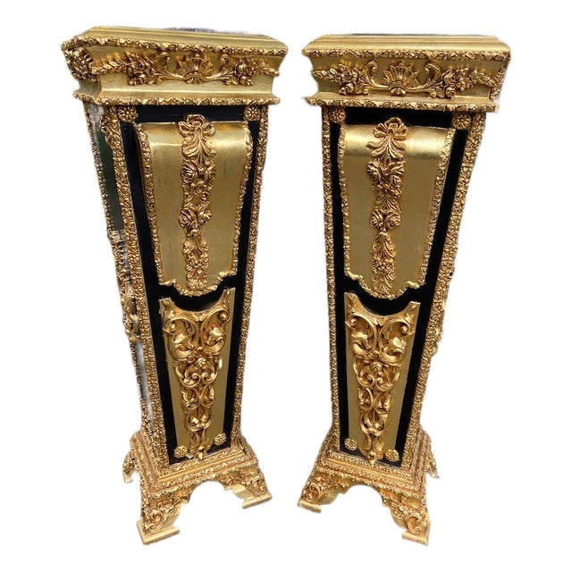 1980 French Louis XVI Black Gold Marble Pedestals - Pair For Sale