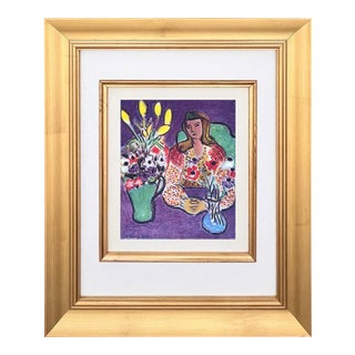 Matisse 24 Young Girl With Anemones on Violet Background Framed For Sale