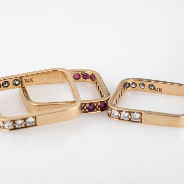 Mid 20th Century 14k Yellow Gold Diamond Ruby Square Stacking Rings ...