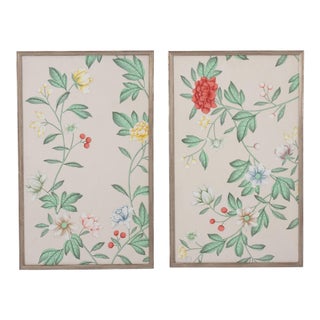 Pair of Framed Pale Pink Chinoiserie Hand-Painted Wallpaper Remnants For Sale