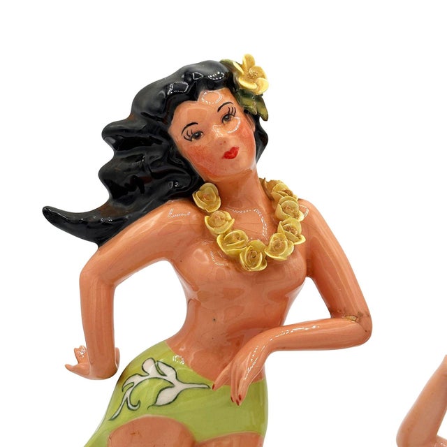 1950s Mid 20th Century Hawaiian Hand Painted Hula Girl & Surfer Male Ceramic Statue, Pair For Sale - Image 5 of 6