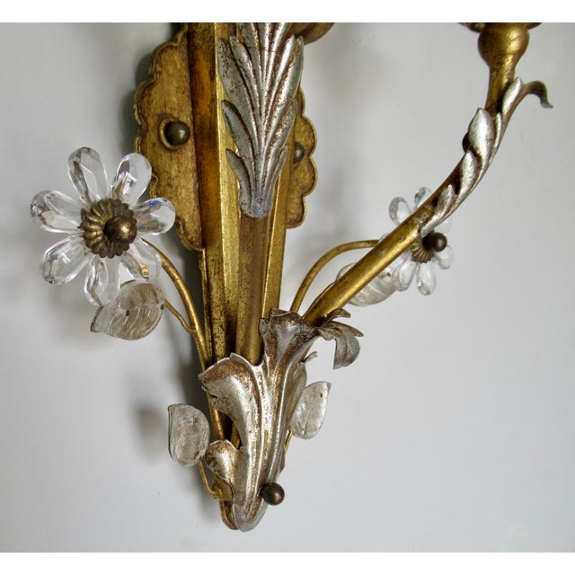 Early 20th Century Banci Gilt & Silvered Bronze Sconces, Italian With Rock Crystal Floral Motif Design -Pair For Sale - Image 16 of 18