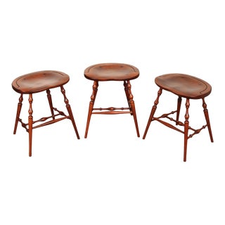 1980s Custom Quality Backless Cherry Windsor Counter Stools - Set of 3 For Sale
