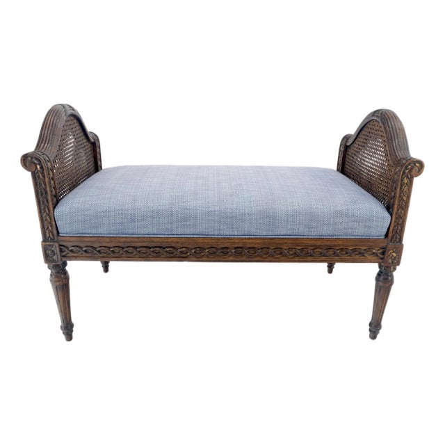 Very Fine Carved French Upholstered Bench w/ Cane Panels For Sale