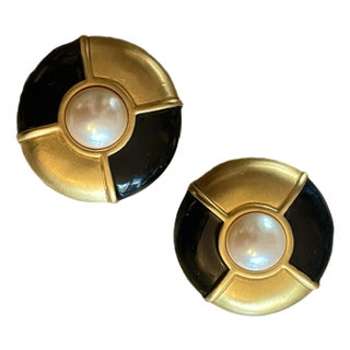 Givenchy Large Enamel, Gold and Faux Pearl Button Earrings For Sale
