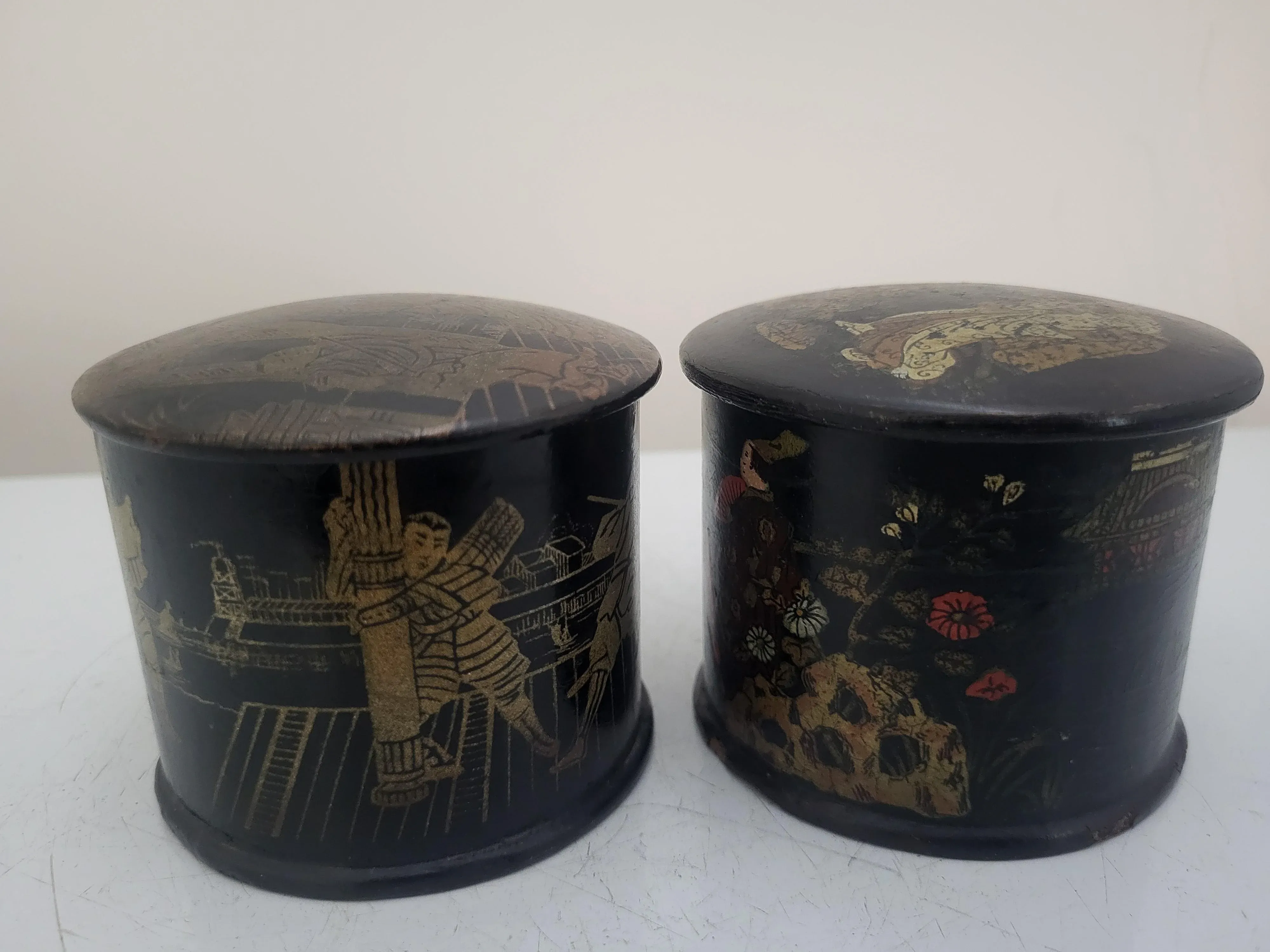 Antique Japanese Figural Black Lacquer Round Tea Box With Lid Pair