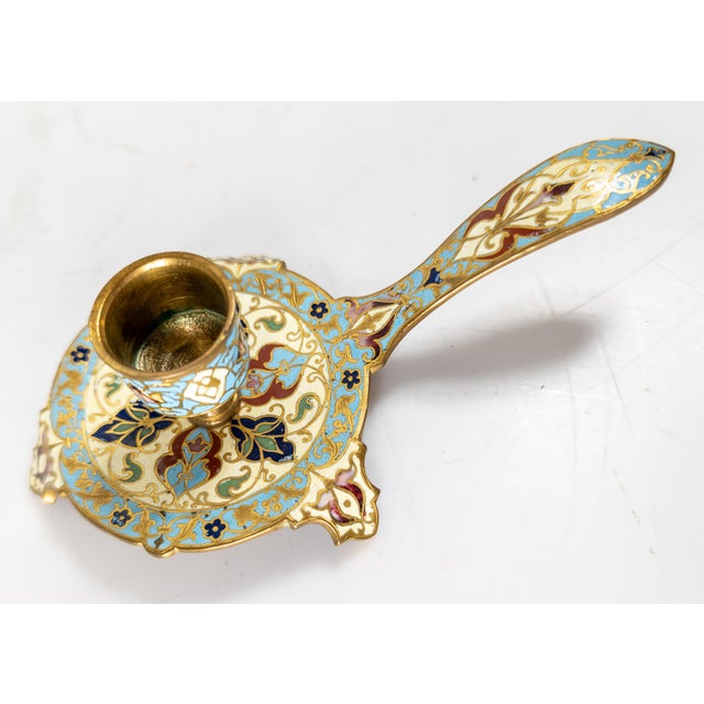 Brass 19th Century French Gilt Brass Champleve Enamel Candle Stick Holder For Sale - Image 8 of 10