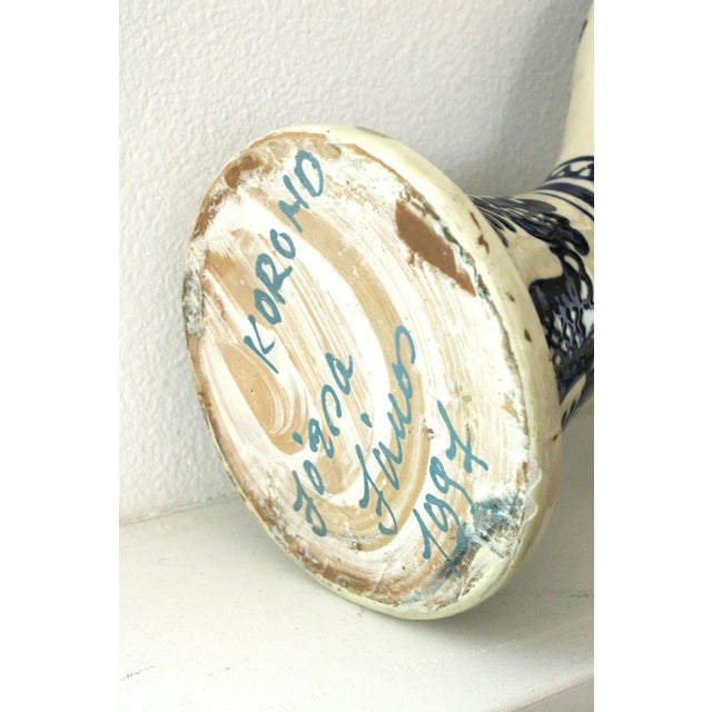 Hungarian Folk Art Earthenware Pottery Candelabra/Cobalt Blue For Sale - Image 4 of 4