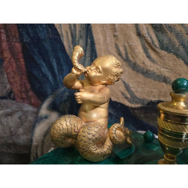 Gemstone 19th Century Italian Malachite and Ormolu Inkwell with Cupid and Mermaid, Mythol, 1890 For Sale - Image 7 of 11