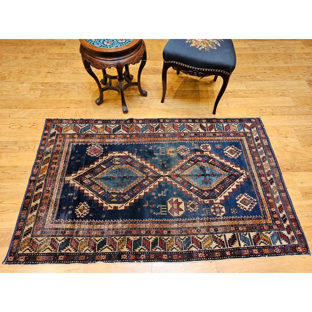 Textile 19th Century Caucasian Kazak Area Rug, Hand-Knotted Wool, Blue & Ivory, 4' x 6' For Sale - Image 7 of 18