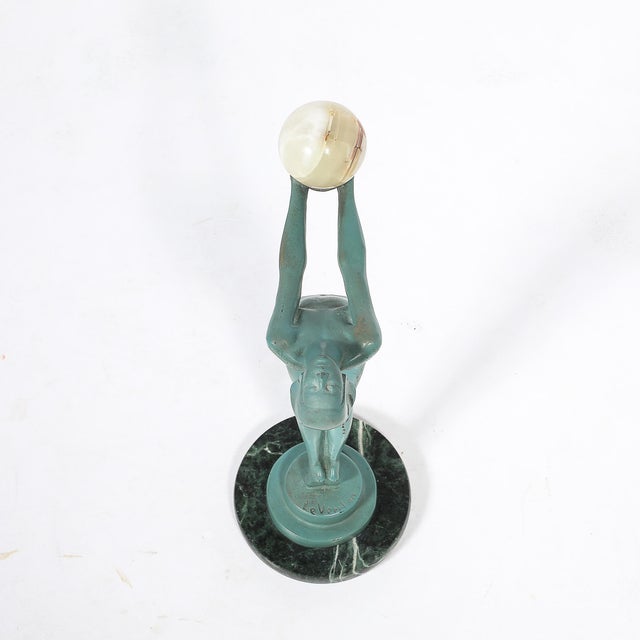 Art Deco Sculptural Onyx & Veria Green Marble Nude Flapper Signed Max Le Verrier For Sale - Image 16 of 17