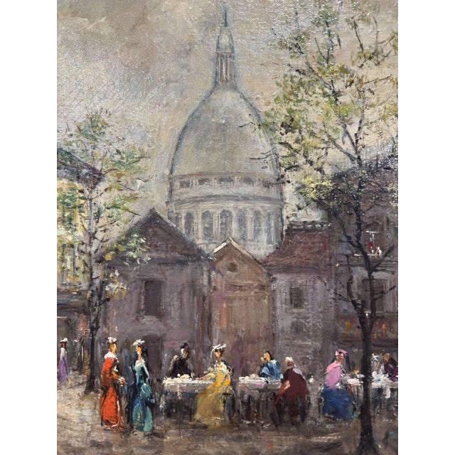 Textile Mid-Century French Montmartre and Sacré-Cœur Oil Painting Signed v. Lebot For Sale - Image 7 of 9