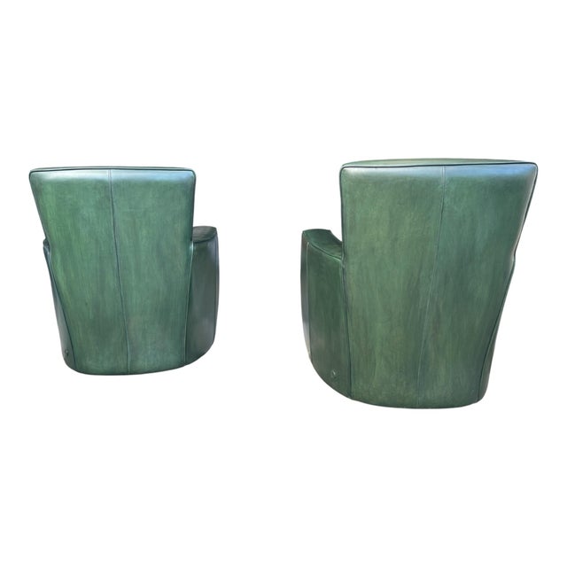 1970s Pair of 180° Swivel Lounge Chairs in Dark Green Patinated Leather For Sale - Image 10 of 14