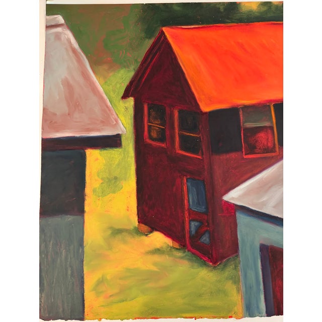 1990s Contemporary Landscape Painting in Oil Paint Stick on Gessoed Paper, "Buildings" by Teresa DiMarco For Sale - Image 5 of 5