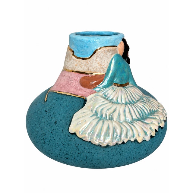 Turquoise Vintage Southwestern Turquoise Ceramic Vase With Sculpted Woman and Iridescent Skirt For Sale - Image 8 of 13