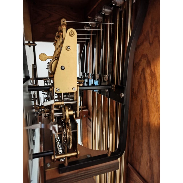 1980s Emperor Clock Company Solid Oak Grandfather Clock Weight Driven Longcase Clock For Sale - Image 9 of 10