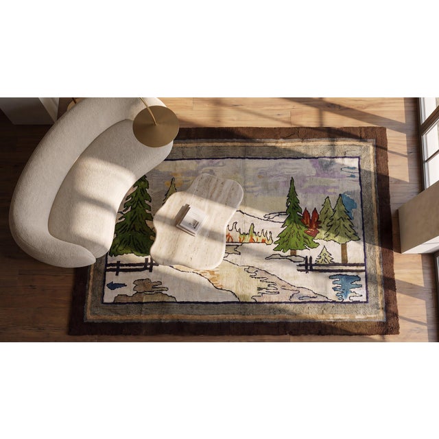 Ivory 1920s Multicolor Scene Pictorial Antique American Hooked Rug 4'0"x 6'0" Handknotted Wool Carpet For Sale - Image 8 of 10