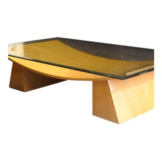 Vintage Italian Glass-Wood CoffeeTable | Postmodern 1970s Style | Sculptural Tempered Glass For Sale