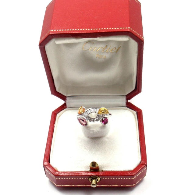 CARTIER Sorbet 18k White Gold Diamond Tourmaline Sapphire Ring Size 50 For Sale - Image 9 of 9