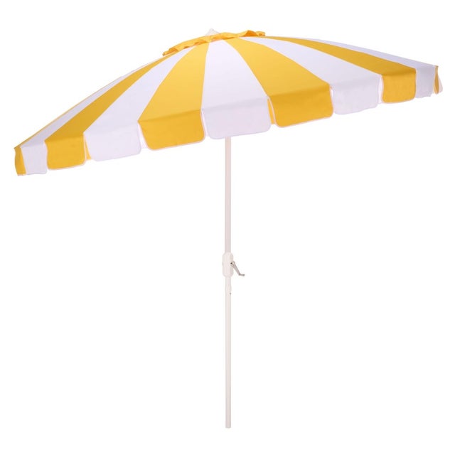 Metal Buti 9 Ft Crank Umbrella, Yellow Cabana Stripe/White Pole For Sale - Image 7 of 8
