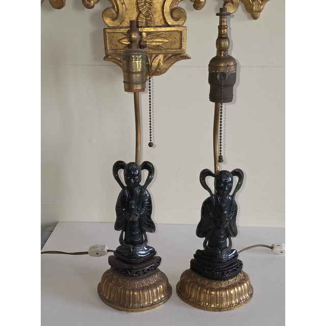 Jade Pair of Carved Jade Figural Lamps For Sale - Image 8 of 12