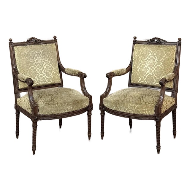 Pair of 19th Century French Louis XVI Walnut Armchairs ~ Fauteuils For Sale