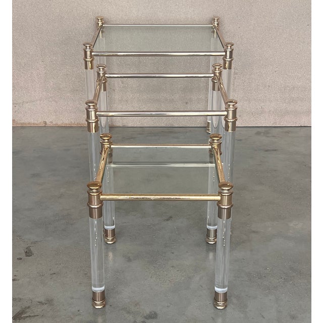 Glass Set of Three Vintage Lucite an Brass Nesting Tables With Glass Top For Sale - Image 7 of 12