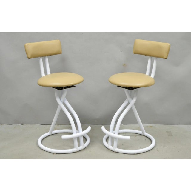 Vintage Postmodern Memphis Style White Tubular Metal Swivel Bar Stools - A Pair For Sale - Image 12 of 17