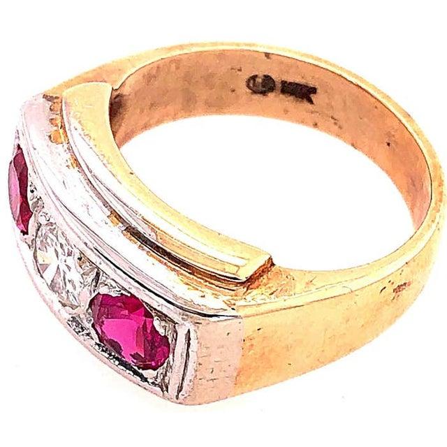 Gold 14 Karat Yellow and White Gold Three-Stone Diamond and Ruby Band Ring For Sale - Image 8 of 10