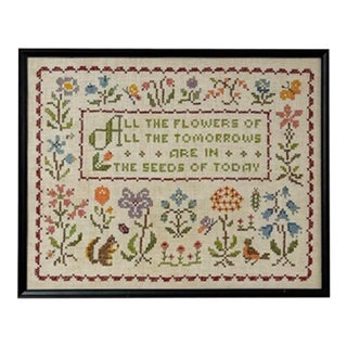 Vintage All the Flowers Cross Stitch Framed Art Sampler Floral Quote Black Frame For Sale