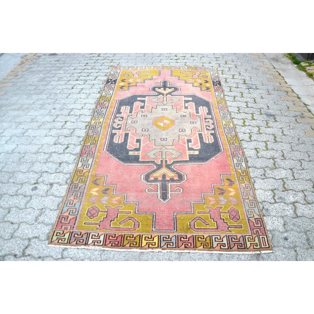 1960s Pink and Yellow Color Modern Design Rug For Sale - Image 11 of 11