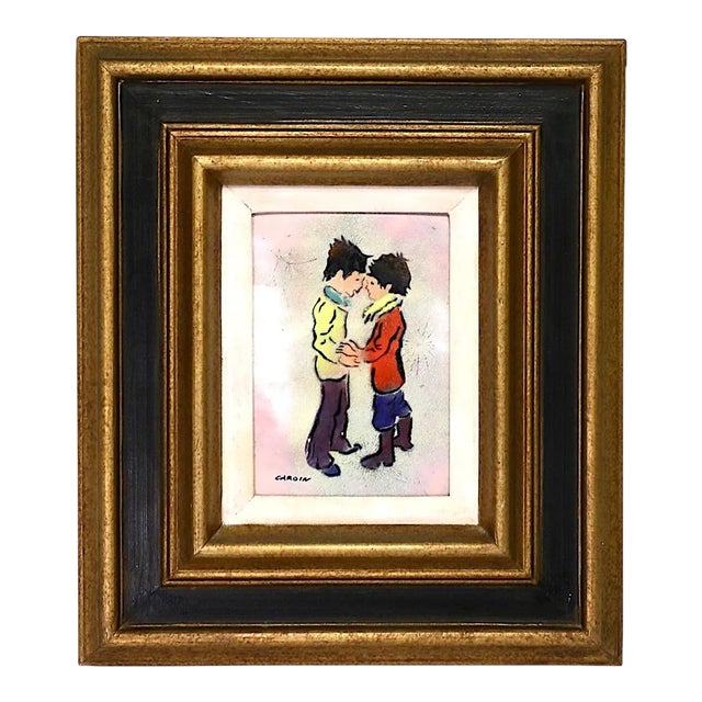 Vintage French Enamel on Copper Picture - "Young Love" by Louis Cardin For Sale