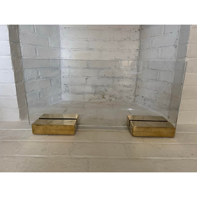 Pair of John Lyle polished bronzed block fire screen bases for the contemporary fireplace. Designed for 1/2” glass so the...