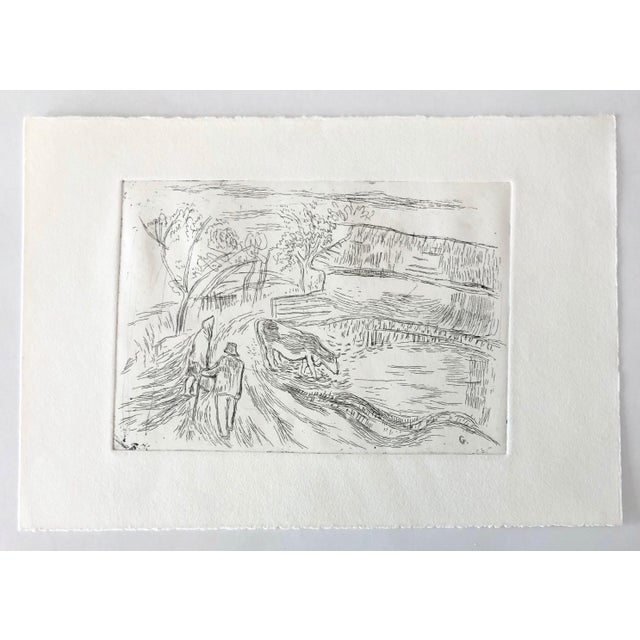 Tibor Gergely, Vintage Art Etching Farm with Cow and Farmer, Famed Children's Book Illustrator, c.1940s For Sale - Image 4 of 4