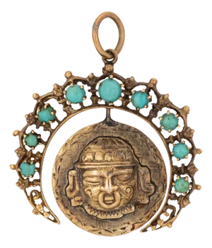 Vintage Aztec Calendar Pendant Sun God Turquoise Crescent Moon Celestial Jewelry
