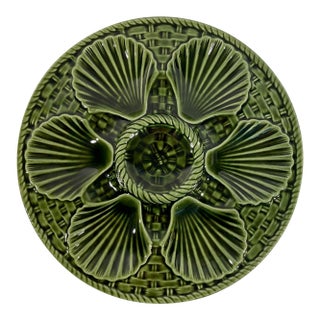 French Longchamp Green Majolica Oyster Plate, Circa 1920s For Sale