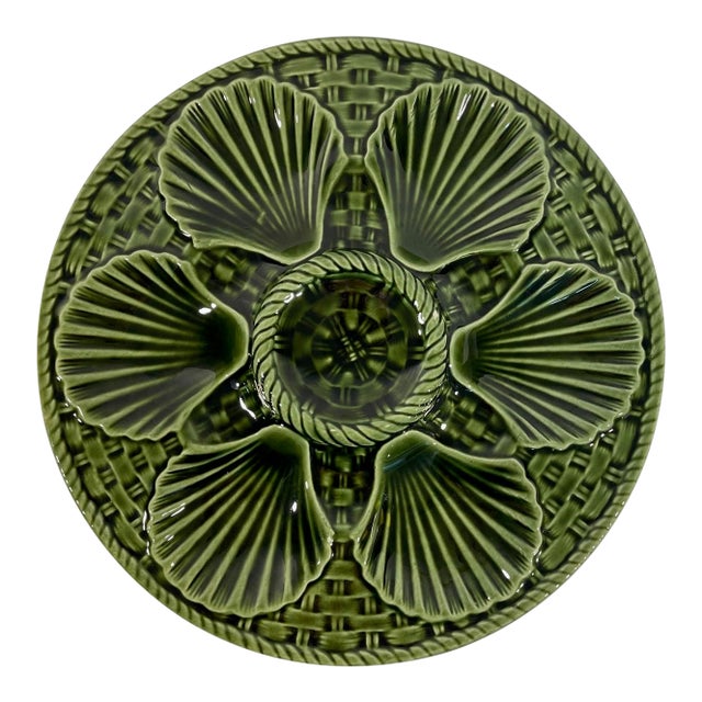 French Longchamp Green Majolica Oyster Plate, Circa 1920s For Sale
