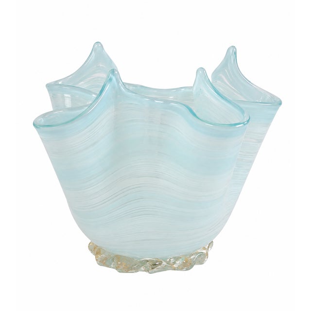 Beautiful vintage Italian Murano art glass fazzoletto vase in a soft celadon aqua blue. This hand blown piece features the...