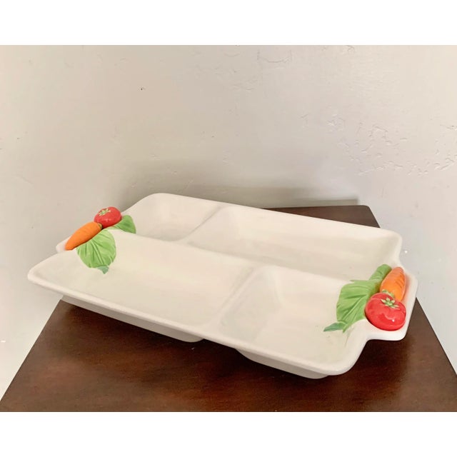 What a fun tray to serve condiments or your favorite olives! Handpainted vivid color orange carrot and green leaf...