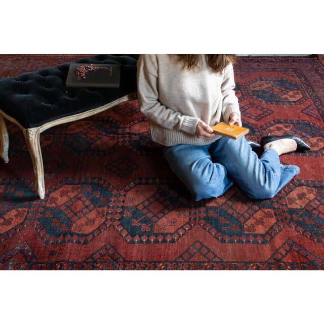 Antique Allover Tribal Geometric Coral Red Navy Blue Hand-Knotted Wool Low Pile Rug - 8’3” X 9’5” For Sale - Image 9 of 12