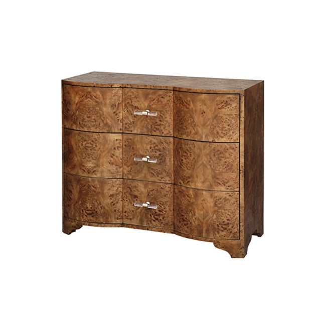 Contemporary Matthew Izzo Home Plymouth Dark Burlwood Three Drawer Chest With Acrylic and Brass Drawer Pulls For Sale - Image 3 of 8