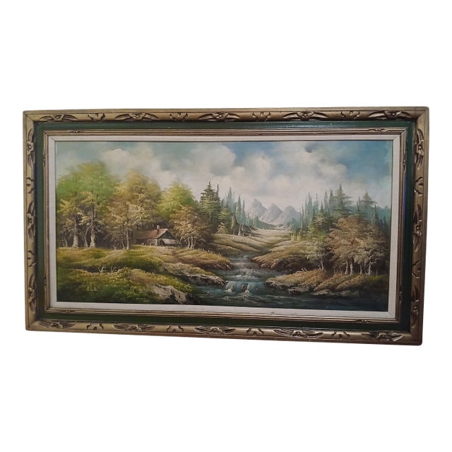 Vintage Landscape Oil Painting on Canvas With Solid Wood Hand Carved Frame For Sale